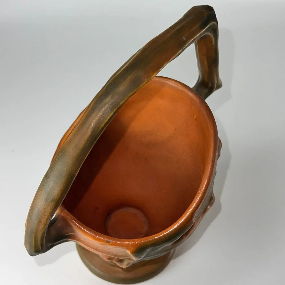 Vtg Roseville Basket Bushberry Branch Handle Russet Ceramic 40s Marked 369 6 1/2